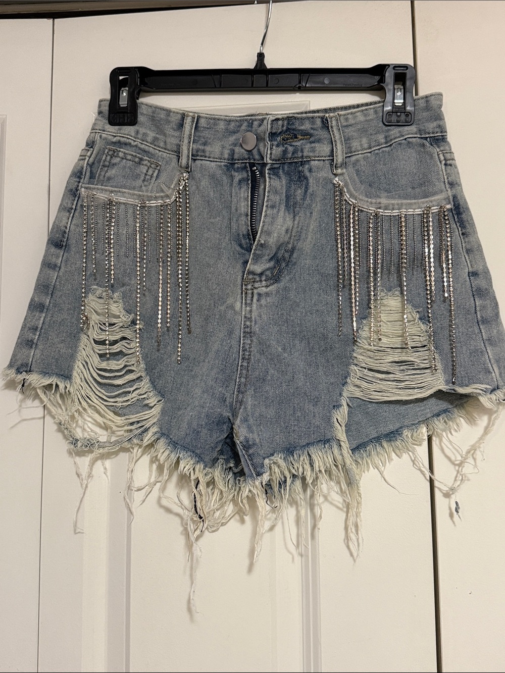 Windsor Light Blue Distressed Rhinestone Fringe Denim Shorts